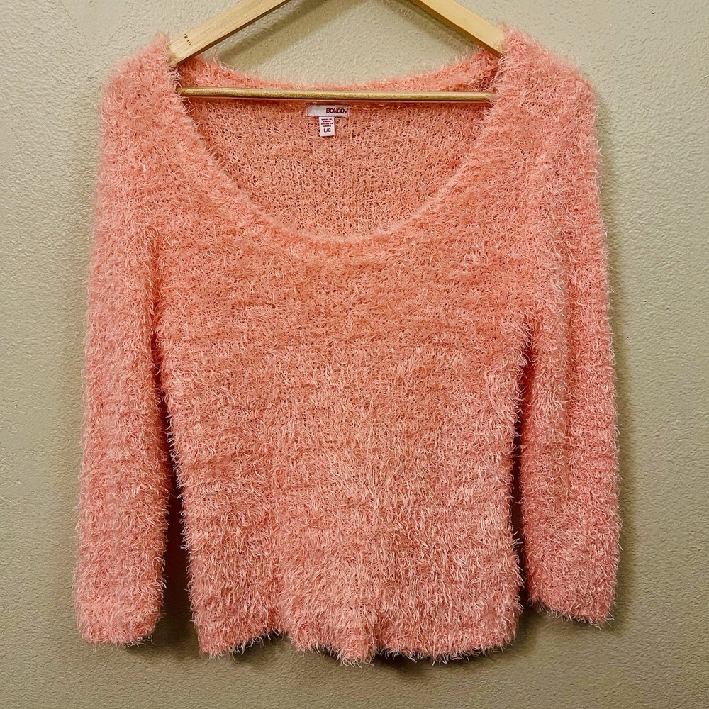 Bongo Fuzzy Peach Coral Sweater Y2K Light Spring Pastel Dopamine Stretch Sz L